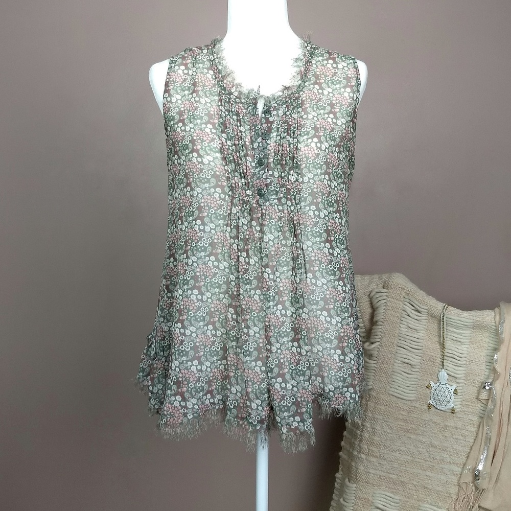 Myth Floral Sheer Eyelash Fringe Ruffled Tank A7